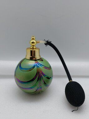 Vintage Green Iridescent Swirl Art Glass Round Perfume Atomizer Bottle
